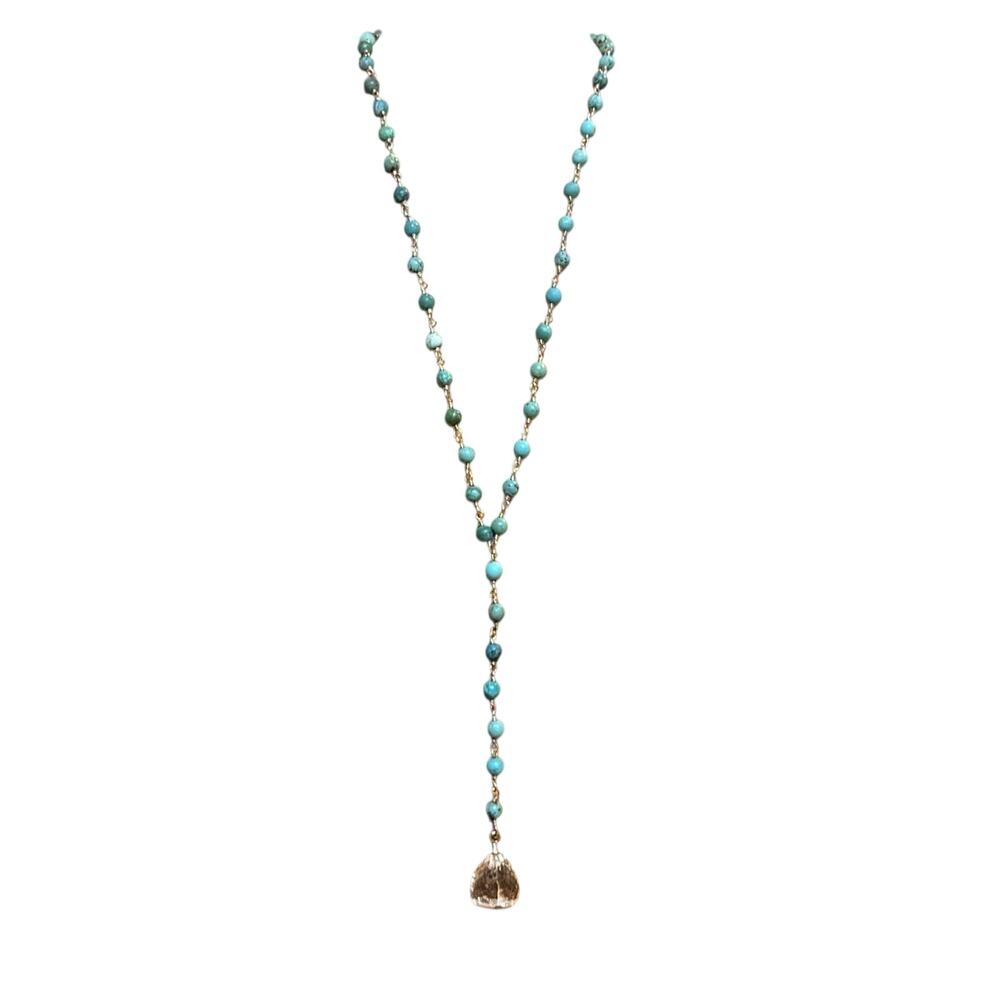 Deb Guyot Sterling Silver, Turquoise and Clear Quartz Y Necklace 15-18 Inches